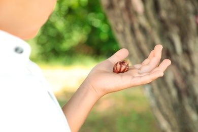 Photo of Boy playing with cute snail outdoors, closeup. Child spending time in nature