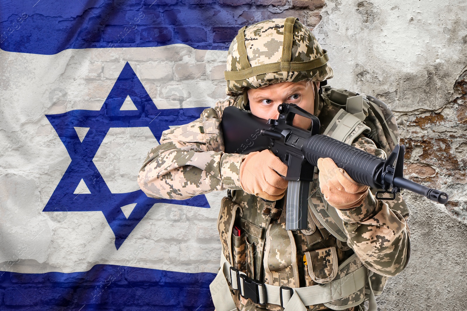 Image of Military, flag of Israel and ruined wall, double exposure