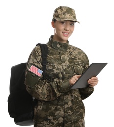 Photo of Female soldier with tablet and backpack on white background. Military education