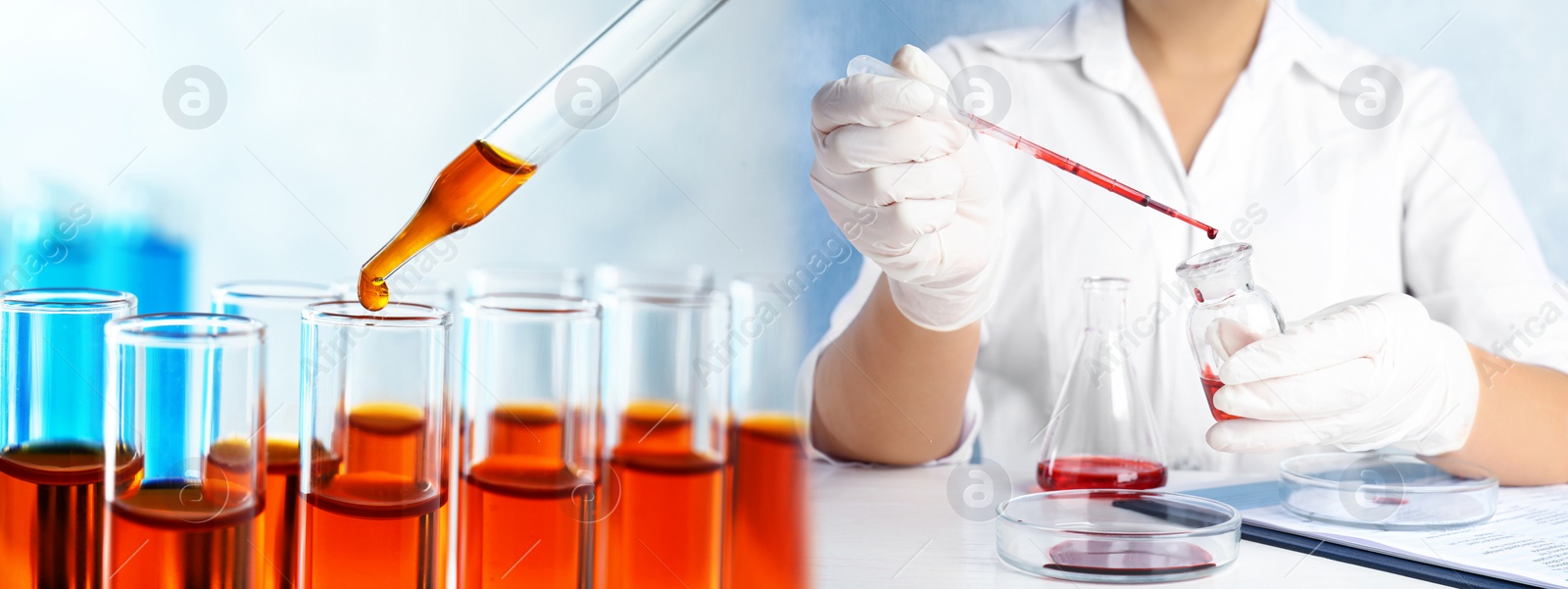 Image of Scientist doing research and analysis in chemical laboratory, closeup. Banner design   