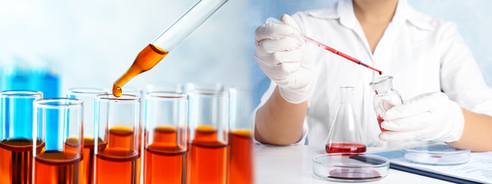 Image of Scientist doing research and analysis in chemical laboratory, closeup. Banner design   