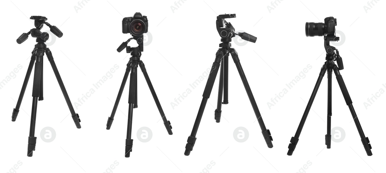 Image of Set of modern tripods with professional cameras on white background. Banner design