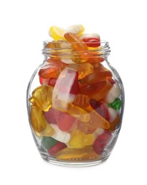 Jar with jelly fruit shaped candies on white background