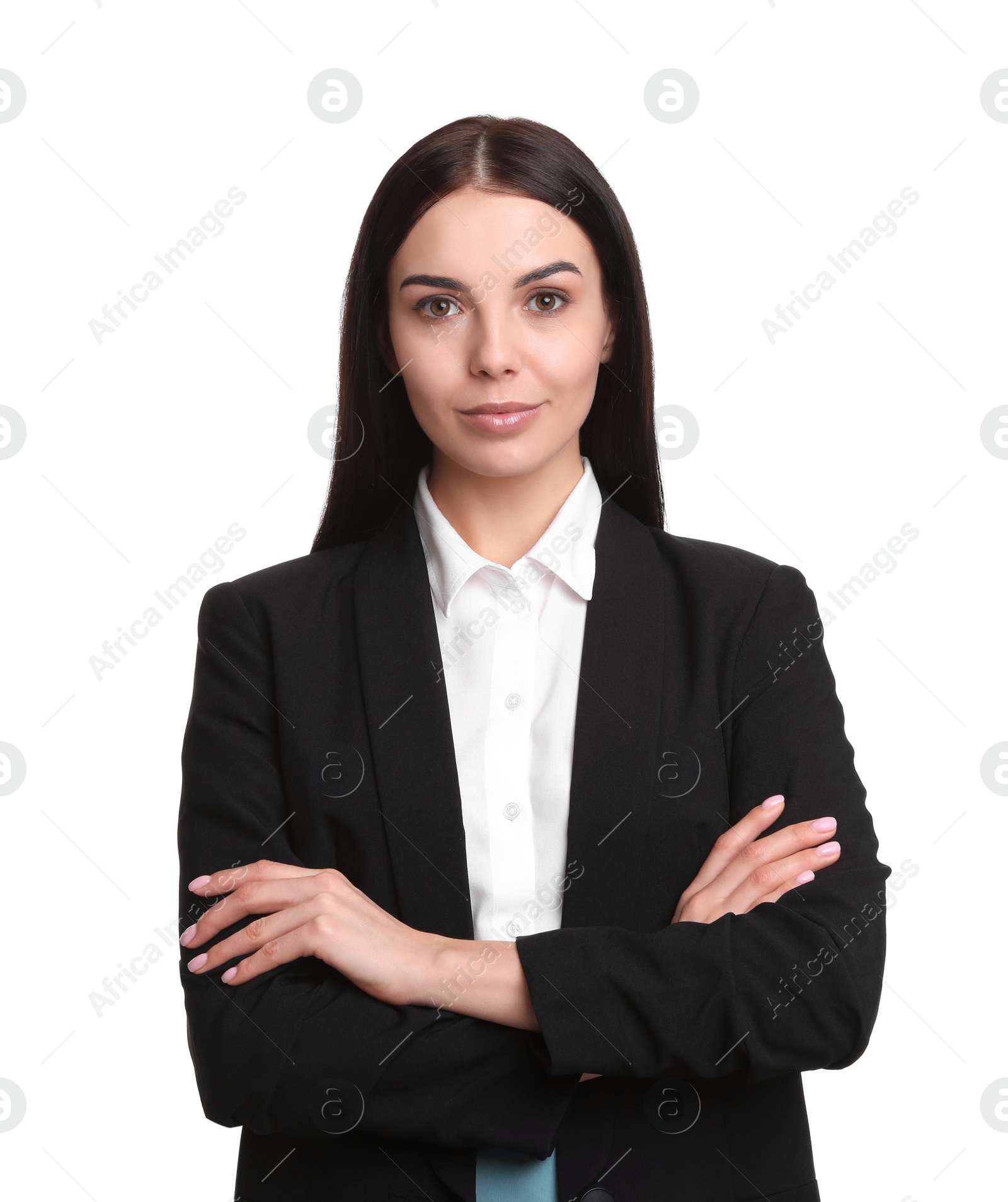 Photo of Portrait of young businesswoman on white background