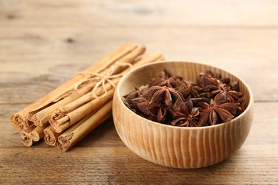 Photo of Aromatic cinnamon sticks and anise in bowl on wooden table