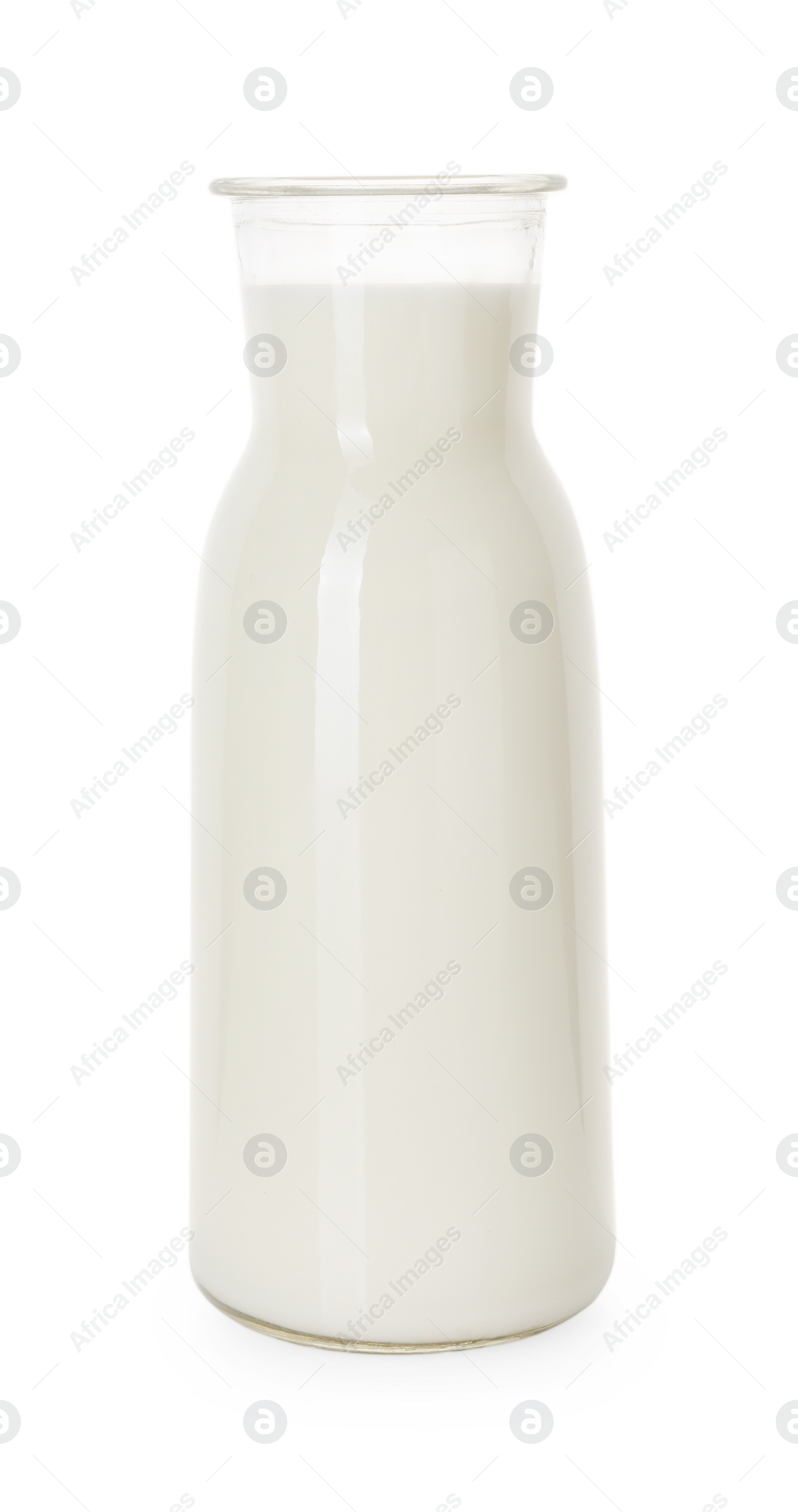 Photo of Glass carafe of fresh milk isolated on white