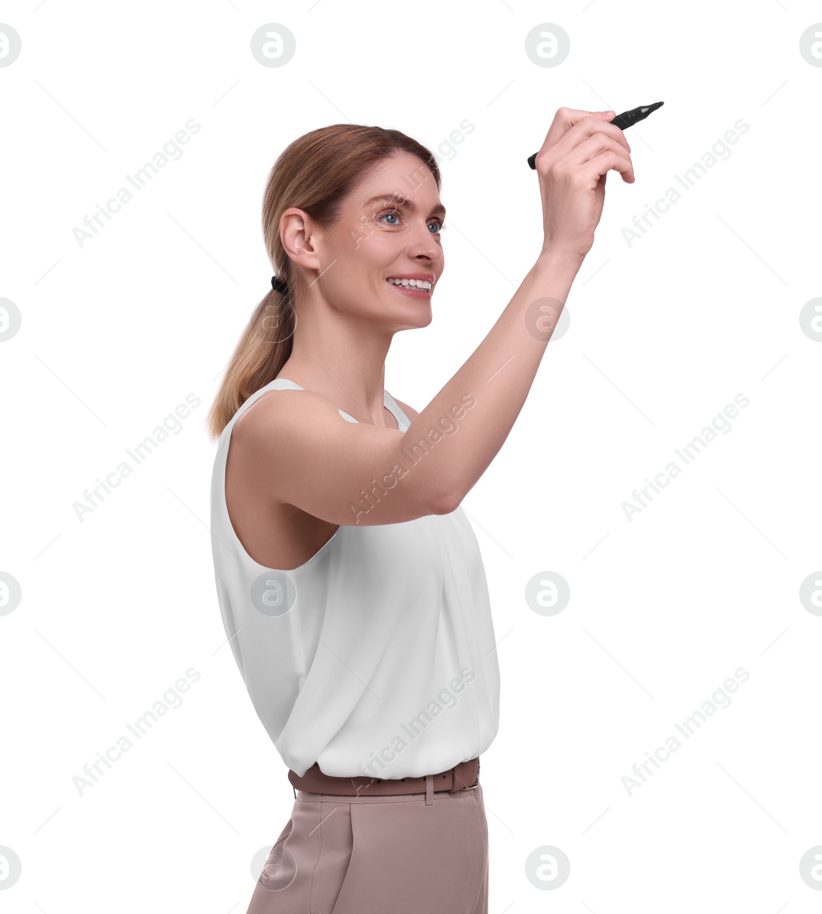 Photo of Beautiful happy businesswoman with marker on white background
