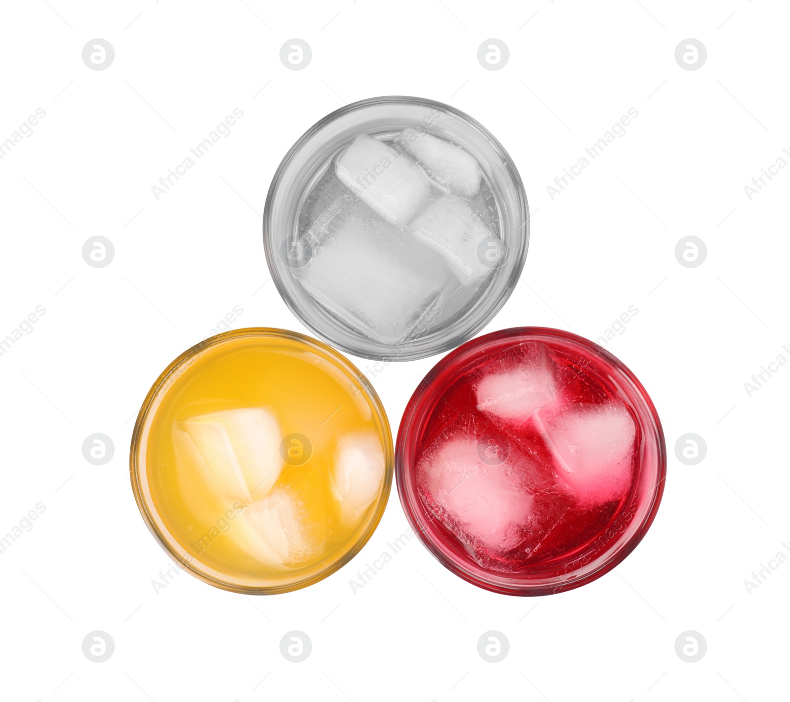 Photo of Glasses of different refreshing soda water with ice cubes isolated on white, top view