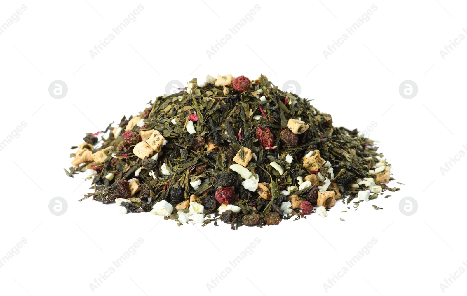 Photo of Pile of aromatic herbal tea isolated on white