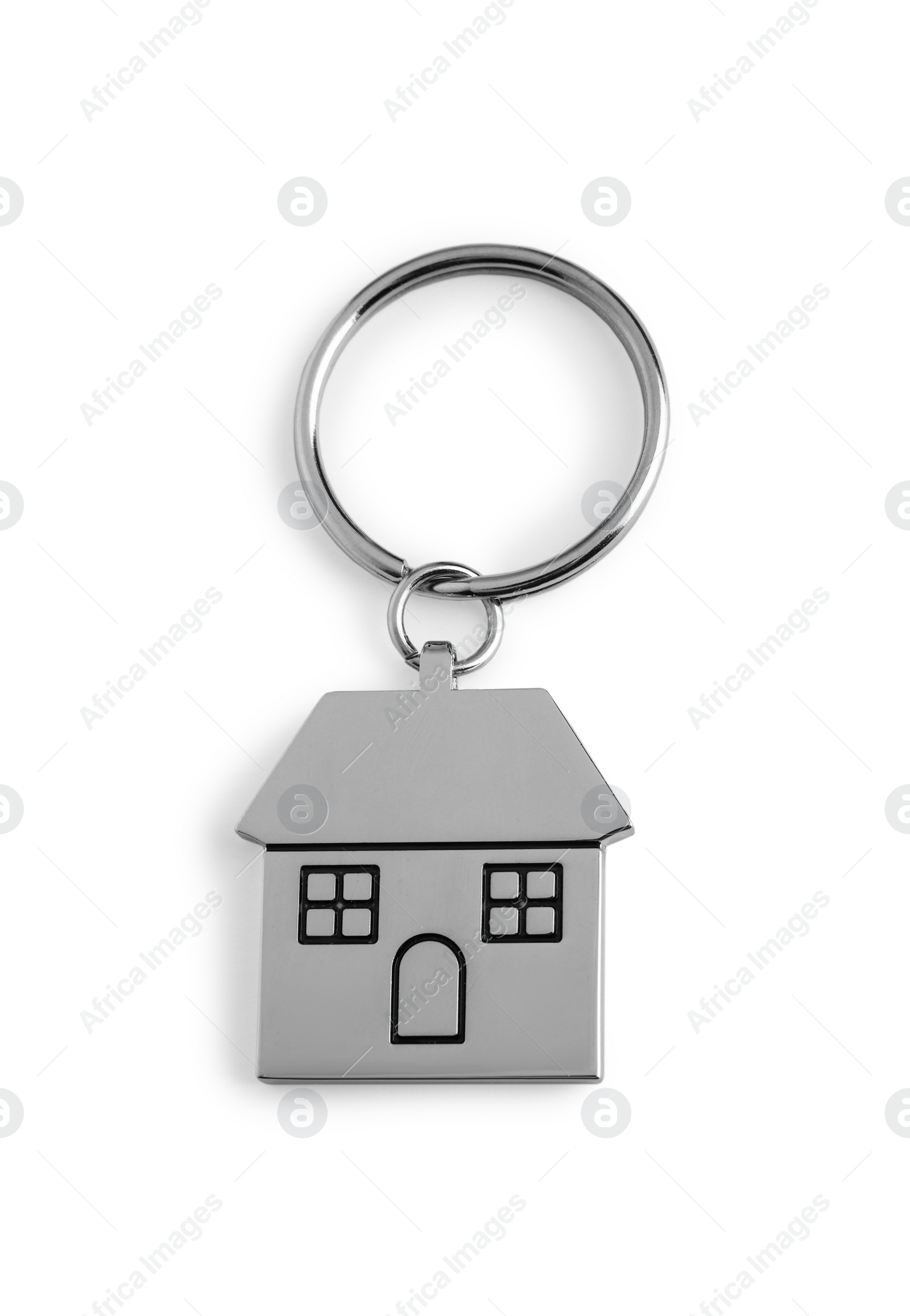 Photo of Metallic keychain in shape of house isolated on white, above view