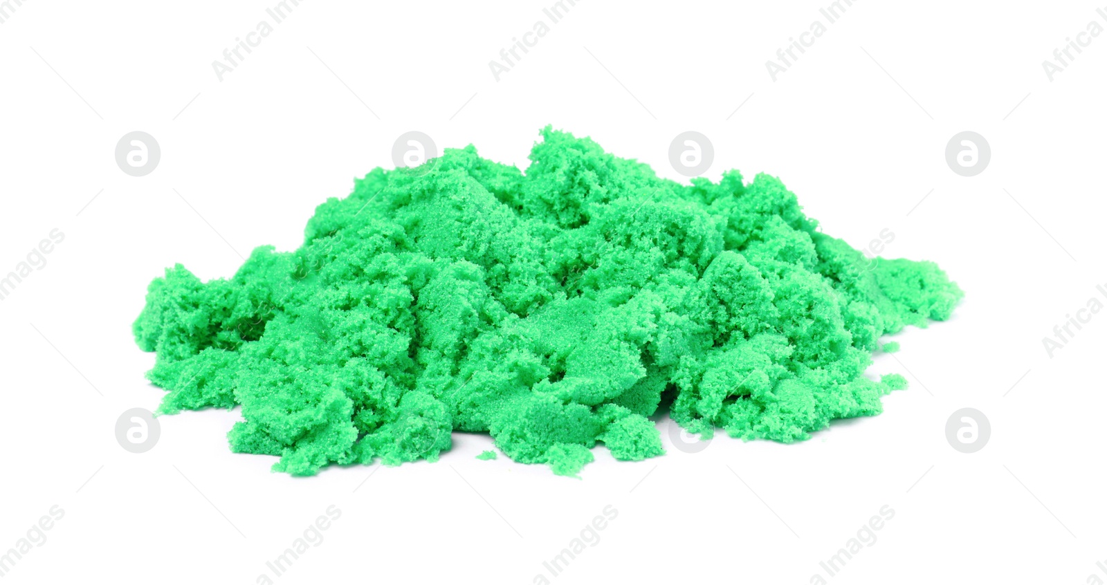 Photo of Pile of green kinetic sand on white background