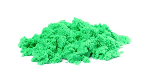 Photo of Pile of green kinetic sand on white background