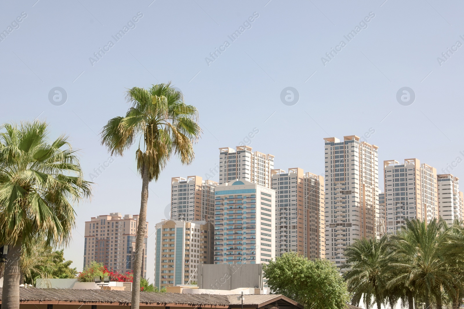 Photo of AJMAN, UNITED ARAB EMIRATES - NOVEMBER 04, 2018: Landscape with modern multi-storey buildings on sunny day