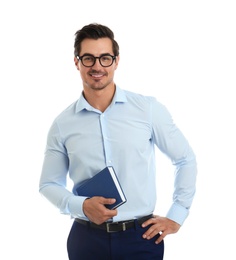 Photo of Young male teacher with glasses and book on white background