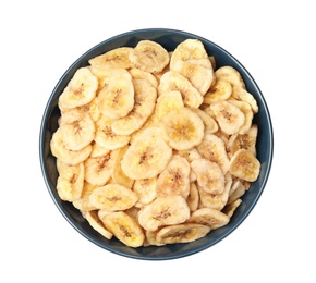 Photo of Bowl with sweet banana slices on white background, top view. Dried fruit as healthy snack