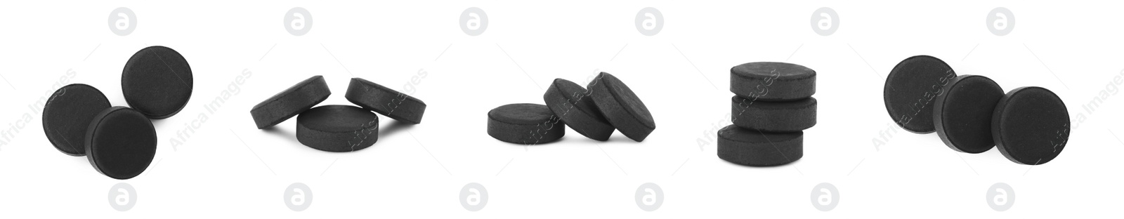 Image of Set with activated charcoal pills on white background, banner design. Potent sorbent