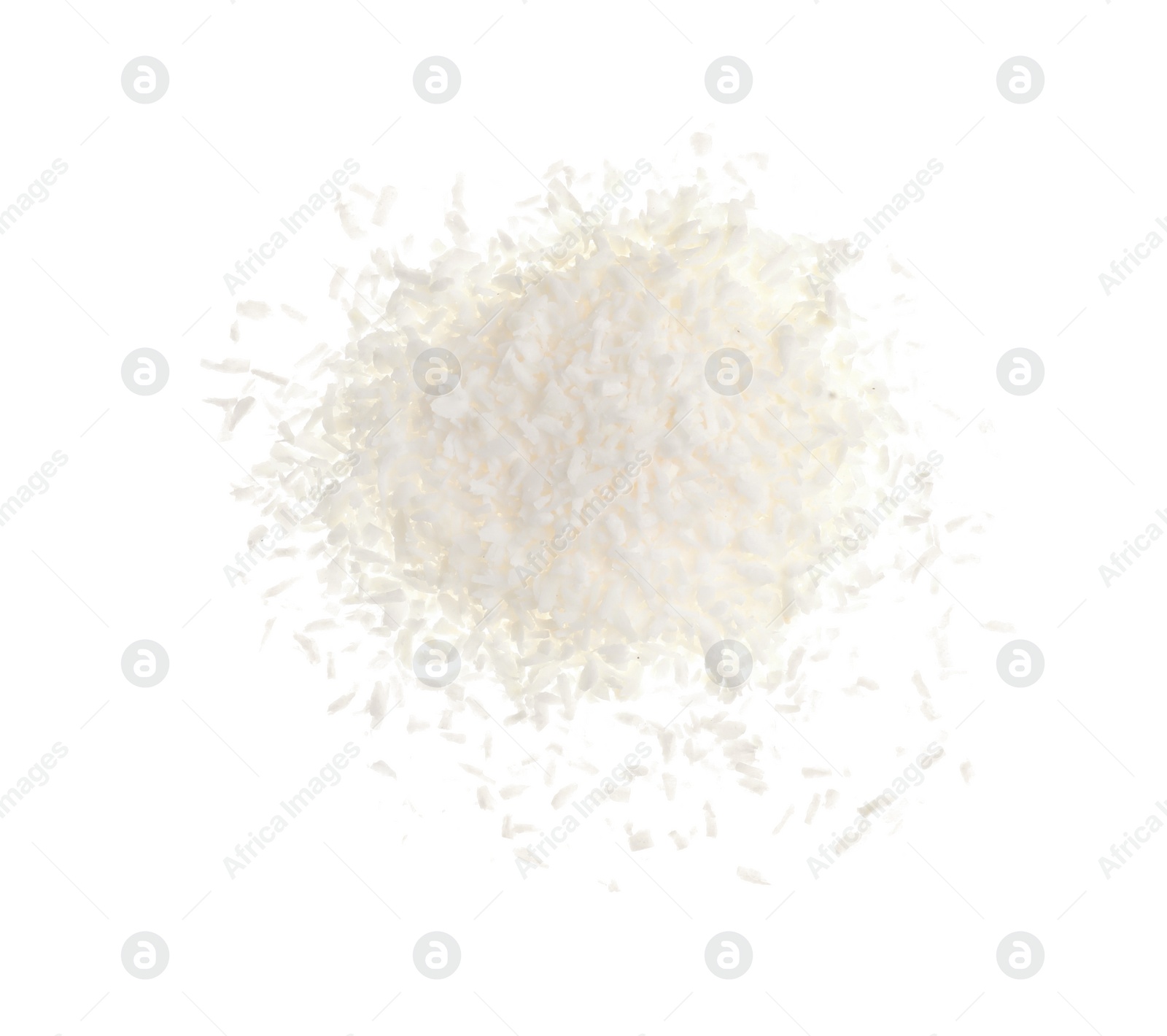 Photo of Fresh coconut flakes on white background, top view