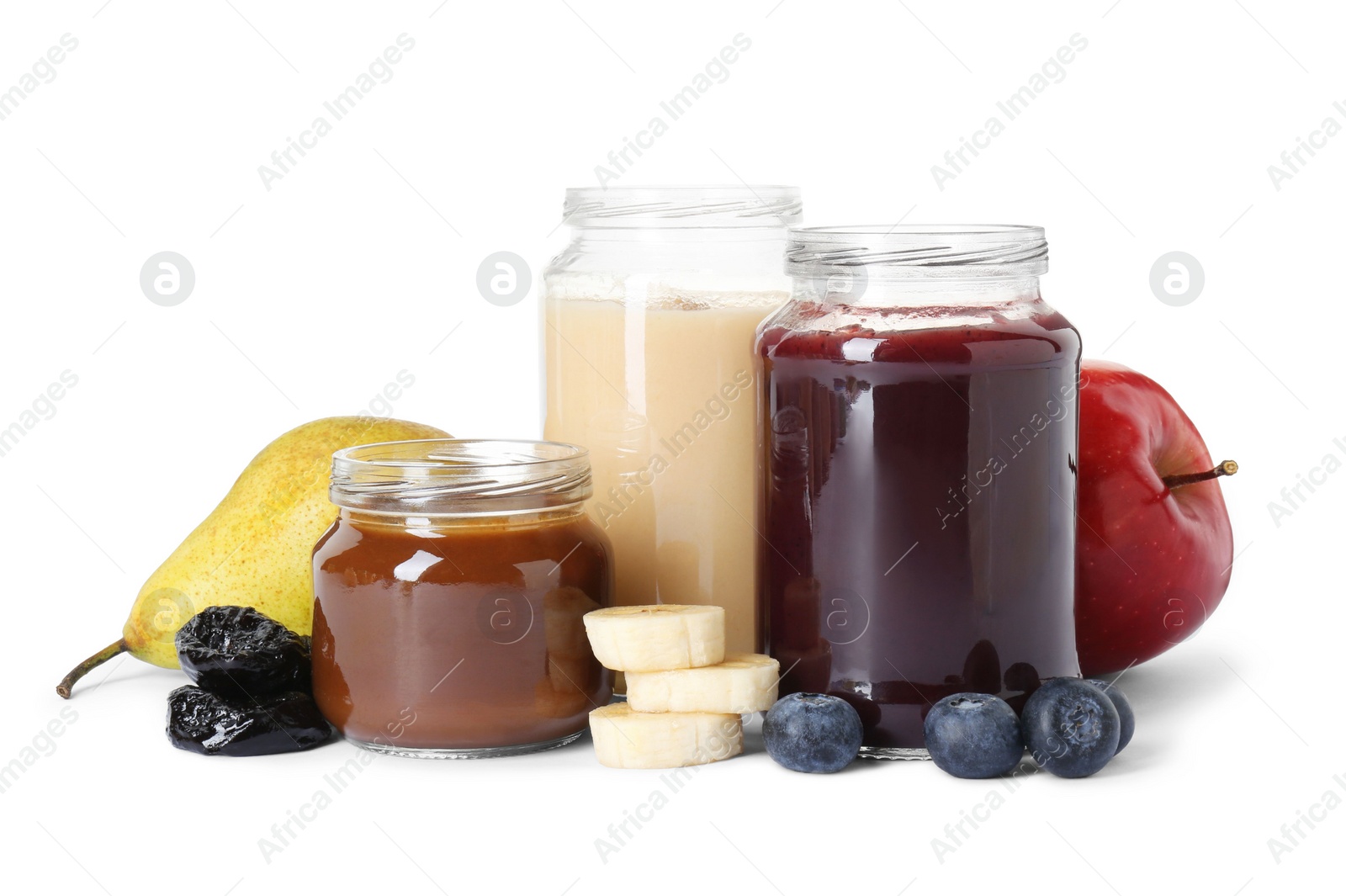Photo of Jars with healthy baby food, blueberries, prunes and fresh fruits isolated on white