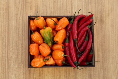 Photo of Crate with many different fresh chilli peppers on wooden table, top view