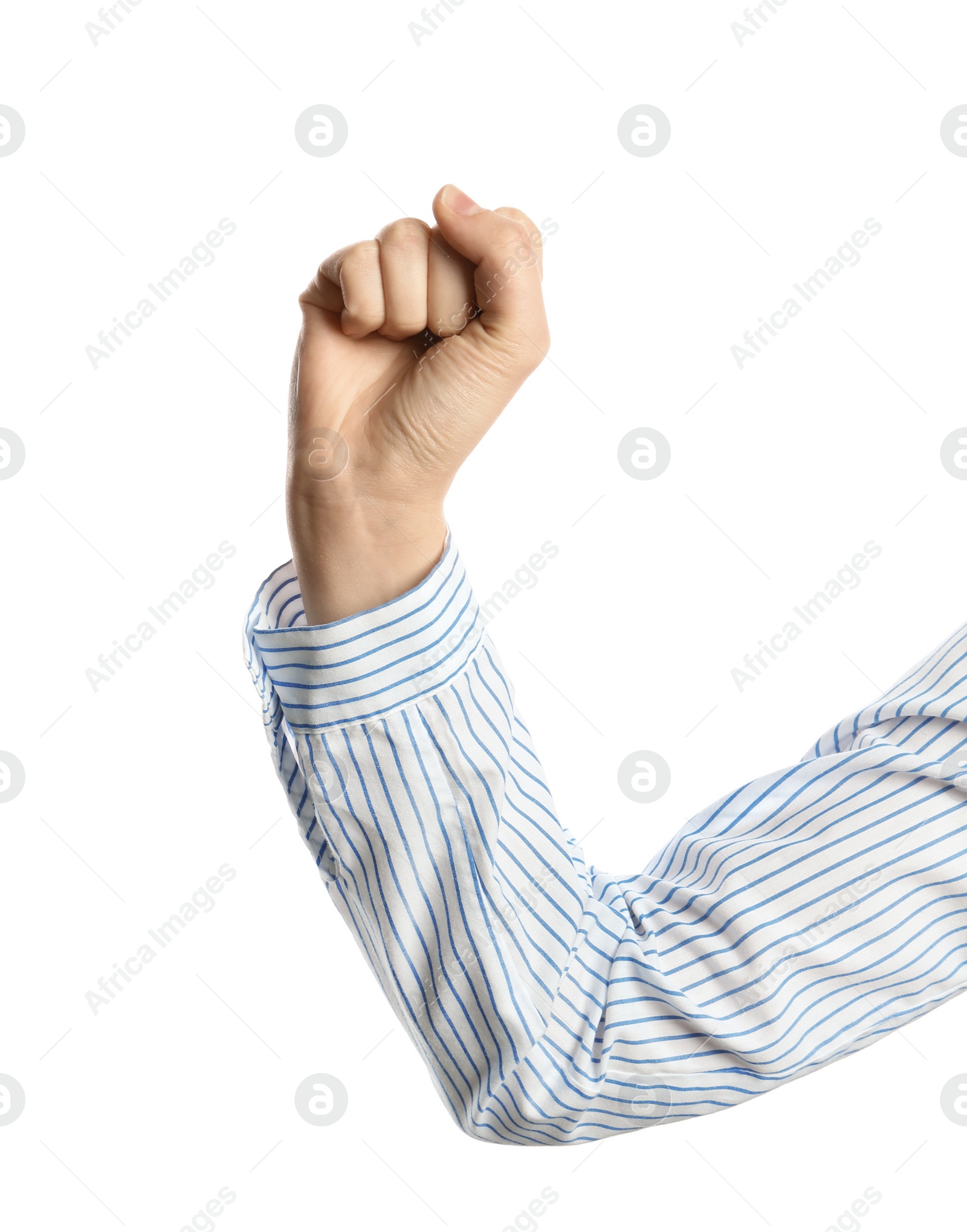 Photo of Young woman showing clenched fist on white background