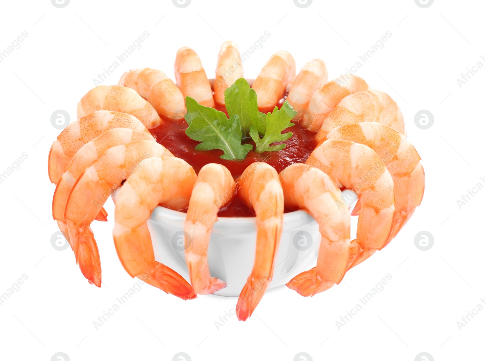 Photo of Delicious shrimp cocktail with tomato sauce isolated on white