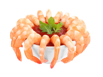 Photo of Delicious shrimp cocktail with tomato sauce isolated on white