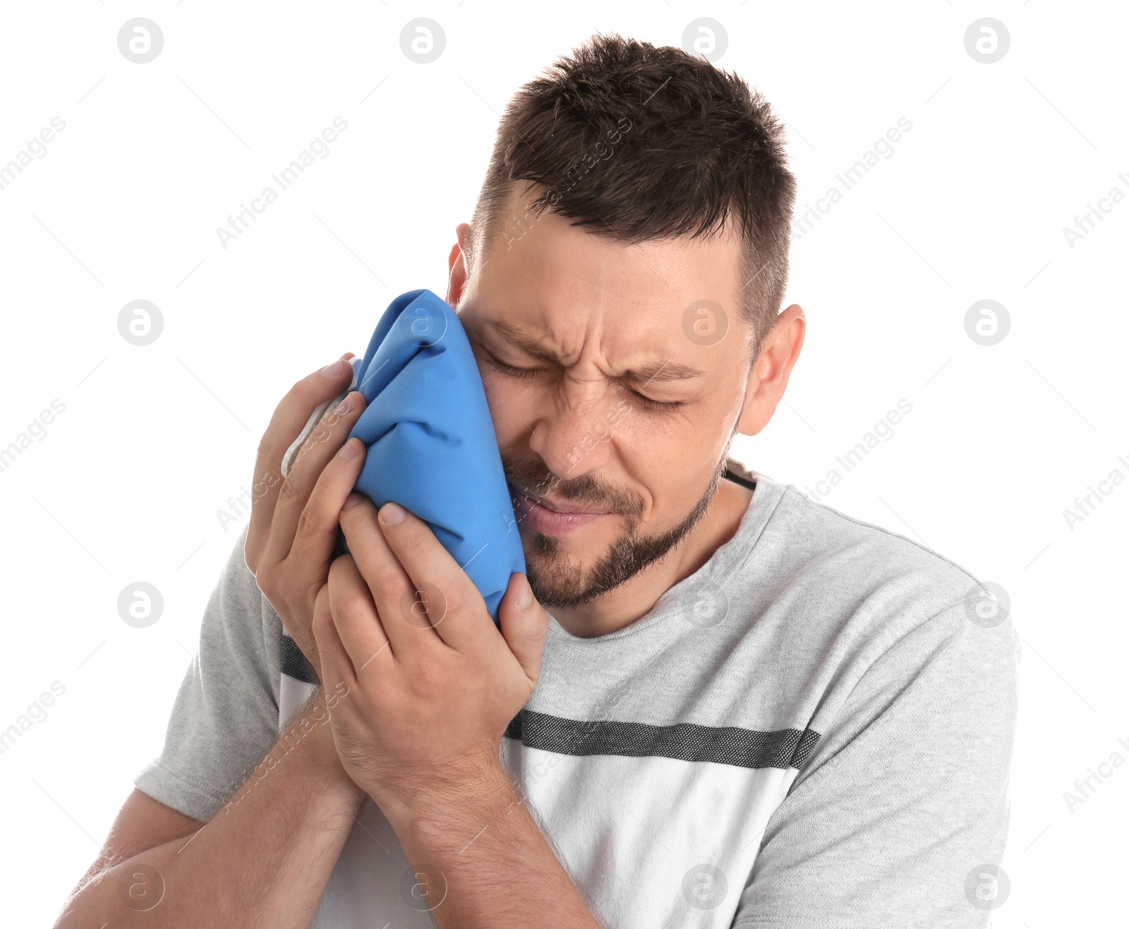 Photo of Man suffering from toothache on white background