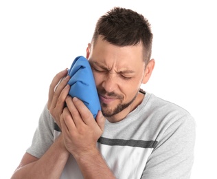 Photo of Man suffering from toothache on white background