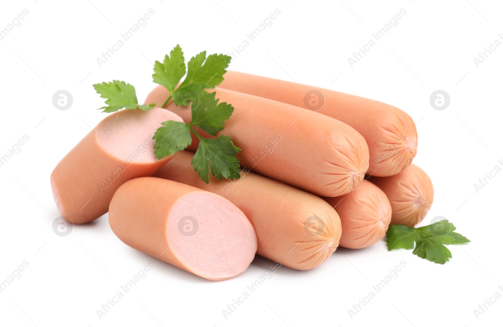 Photo of Whole and cut delicious boiled sausages with parsley on white background