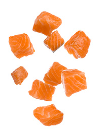 Set with pieces of fresh raw salmon on white background. Fish delicacy