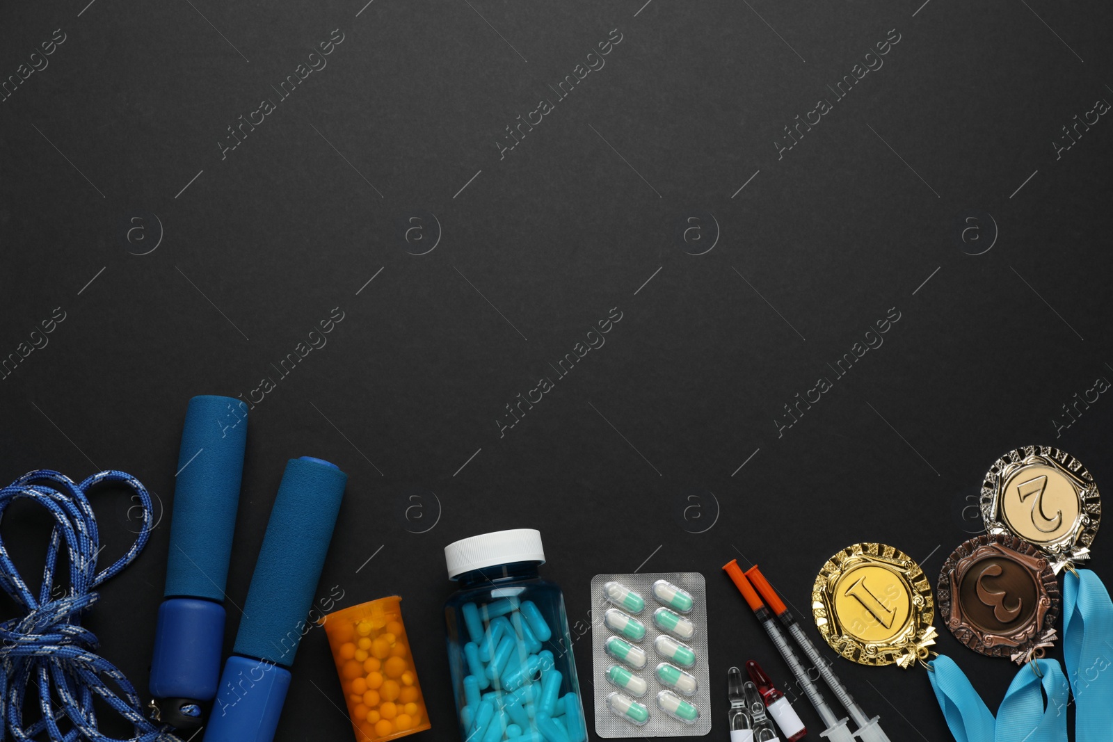 Photo of Flat lay composition with drugs on black background, space for text. Doping control