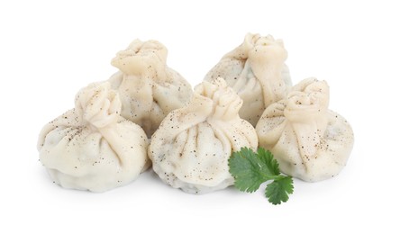 Tasty khinkali (dumplings) and spices isolated on white. Georgian cuisine