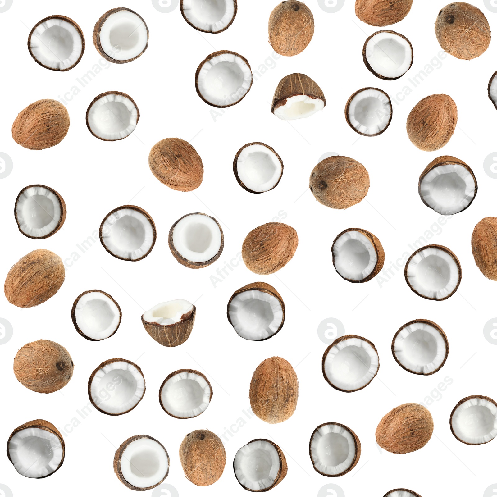 Image of Set with ripe coconuts on white background