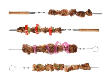 Image of Metal skewers with delicious meat on white background, collage