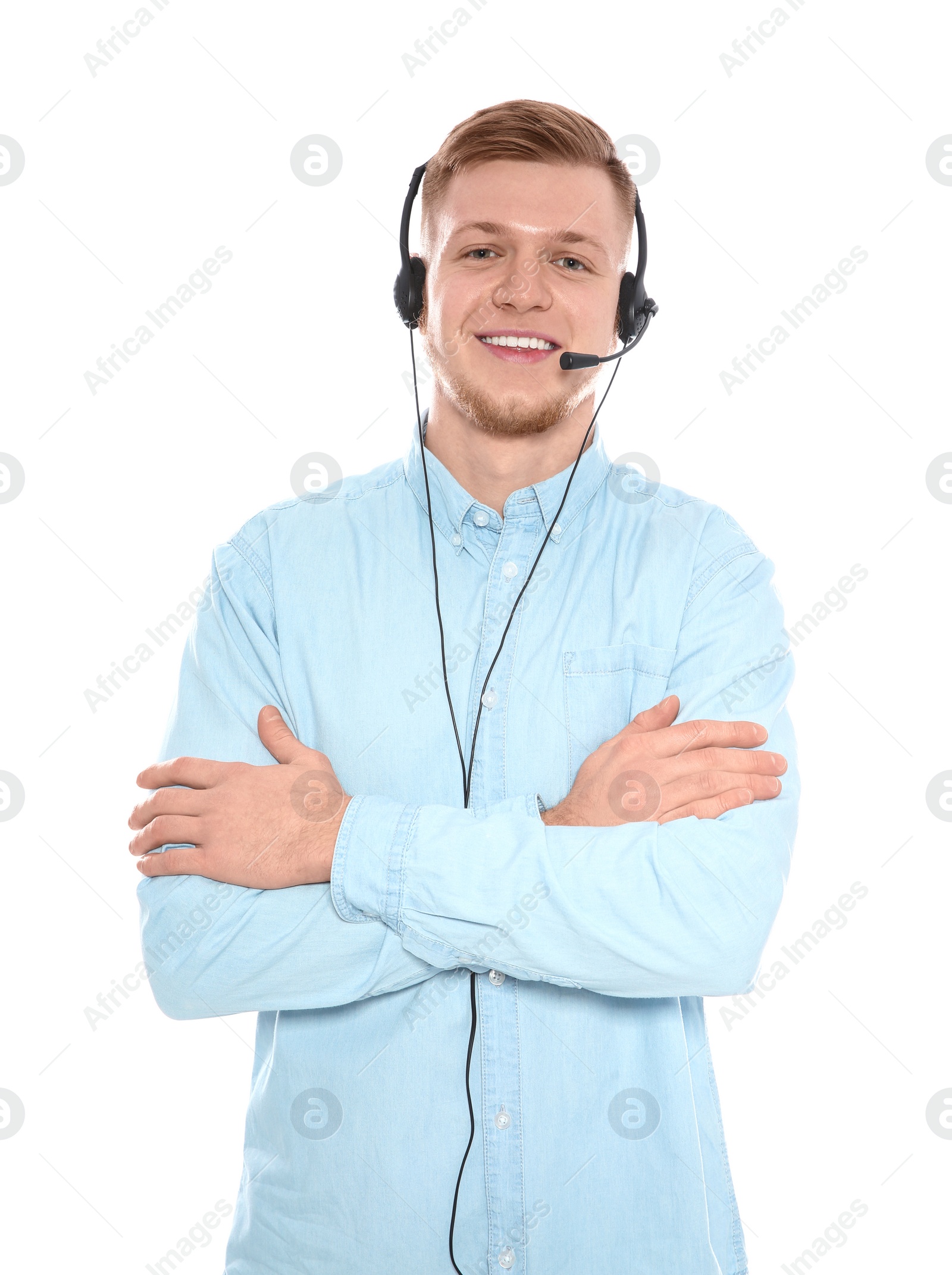 Photo of Portrait of technical support operator with headset isolated on white