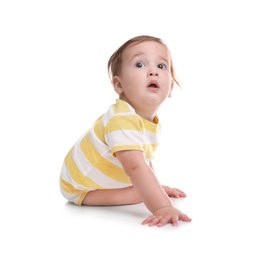 Photo of Cute little baby sitting on white background