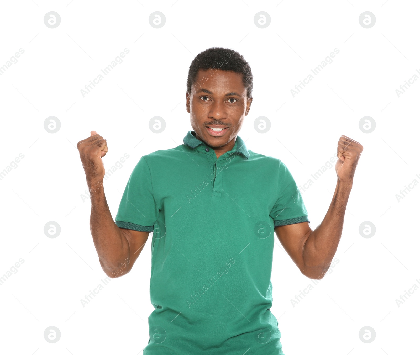 Photo of Portrait of emotional African-American man on white background