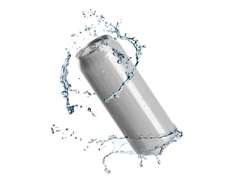 Image of Aluminum can with splash of water on white background