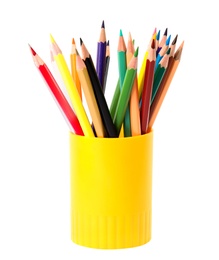 Photo of Holder with color pencils on white background