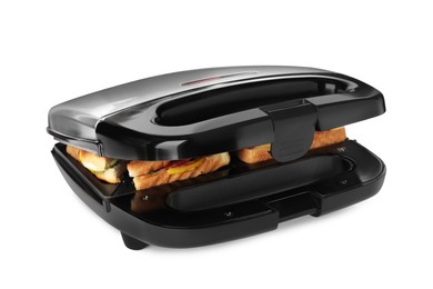 Photo of Modern grill maker with sandwiches on white background