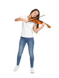 Photo of Beautiful woman playing violin on white background