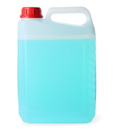 Plastic canister with detergent isolated on white. Cleaning supply