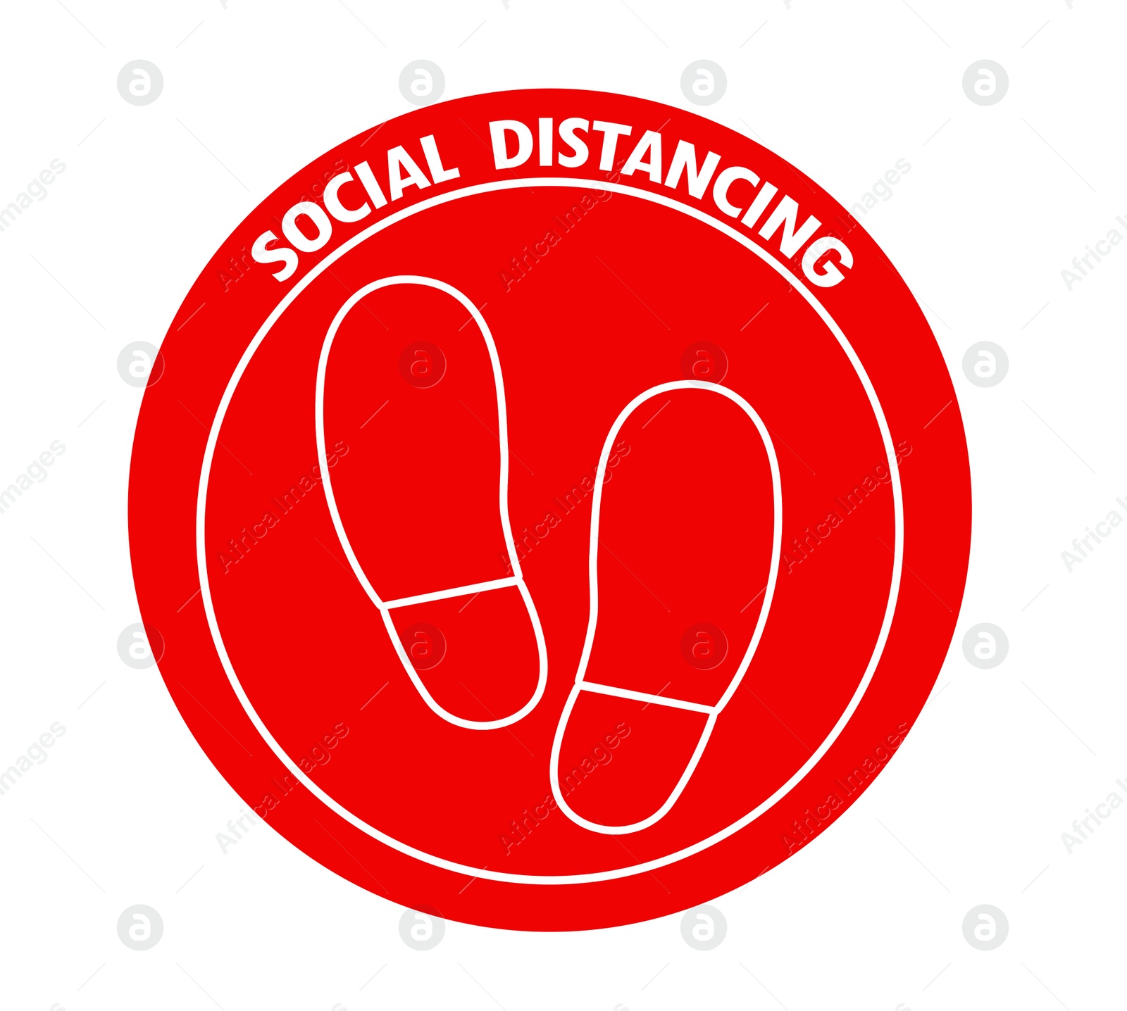 Illustration of Red round sign with text Social Distancing and shoe prints, illustration. Protection measure during coronavirus pandemic