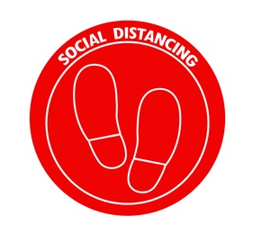 Red round sign with text Social Distancing and shoe prints, illustration. Protection measure during coronavirus pandemic