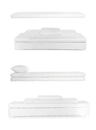 Image of Set with new comfortable mattresses on white background