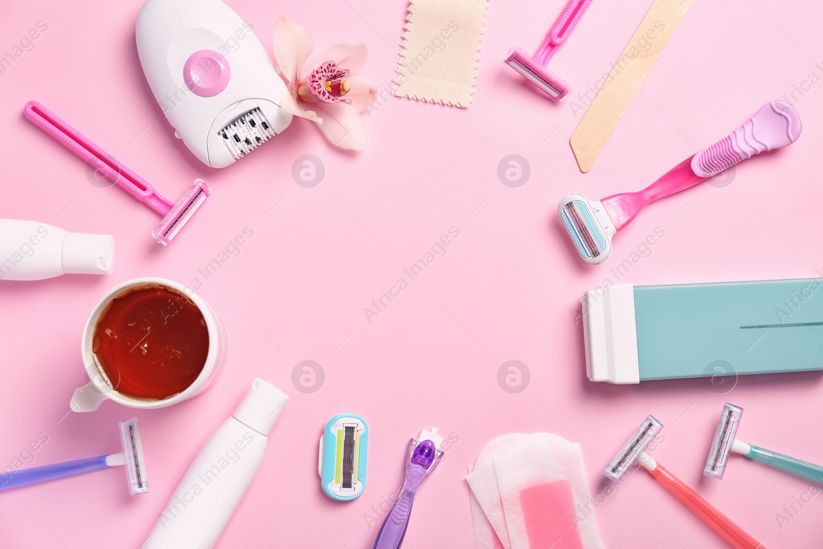 Photo of Set for epilation on color background, flat lay