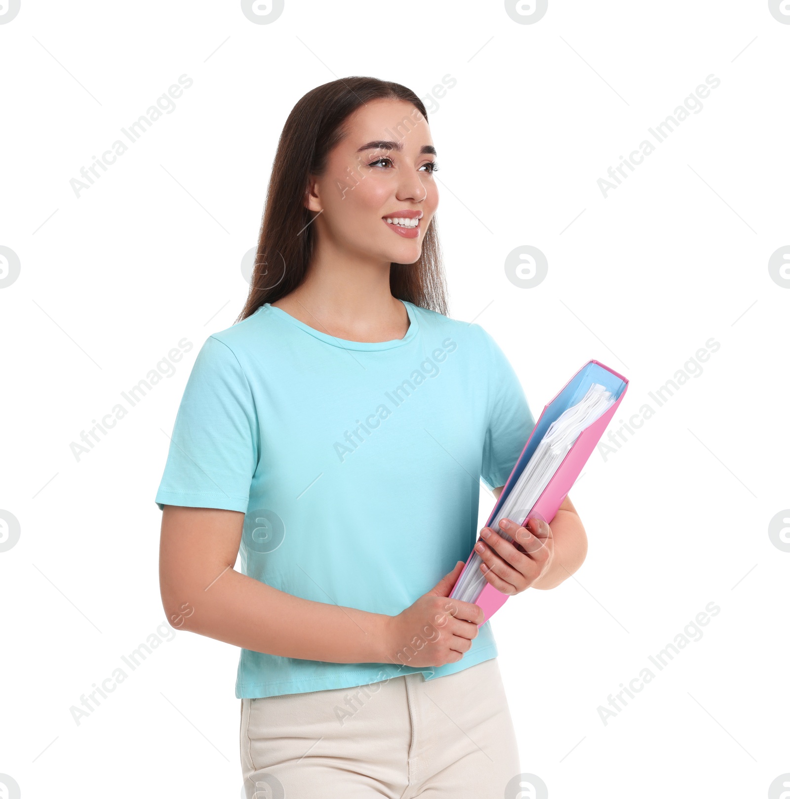 Photo of Happy woman with folder on white background