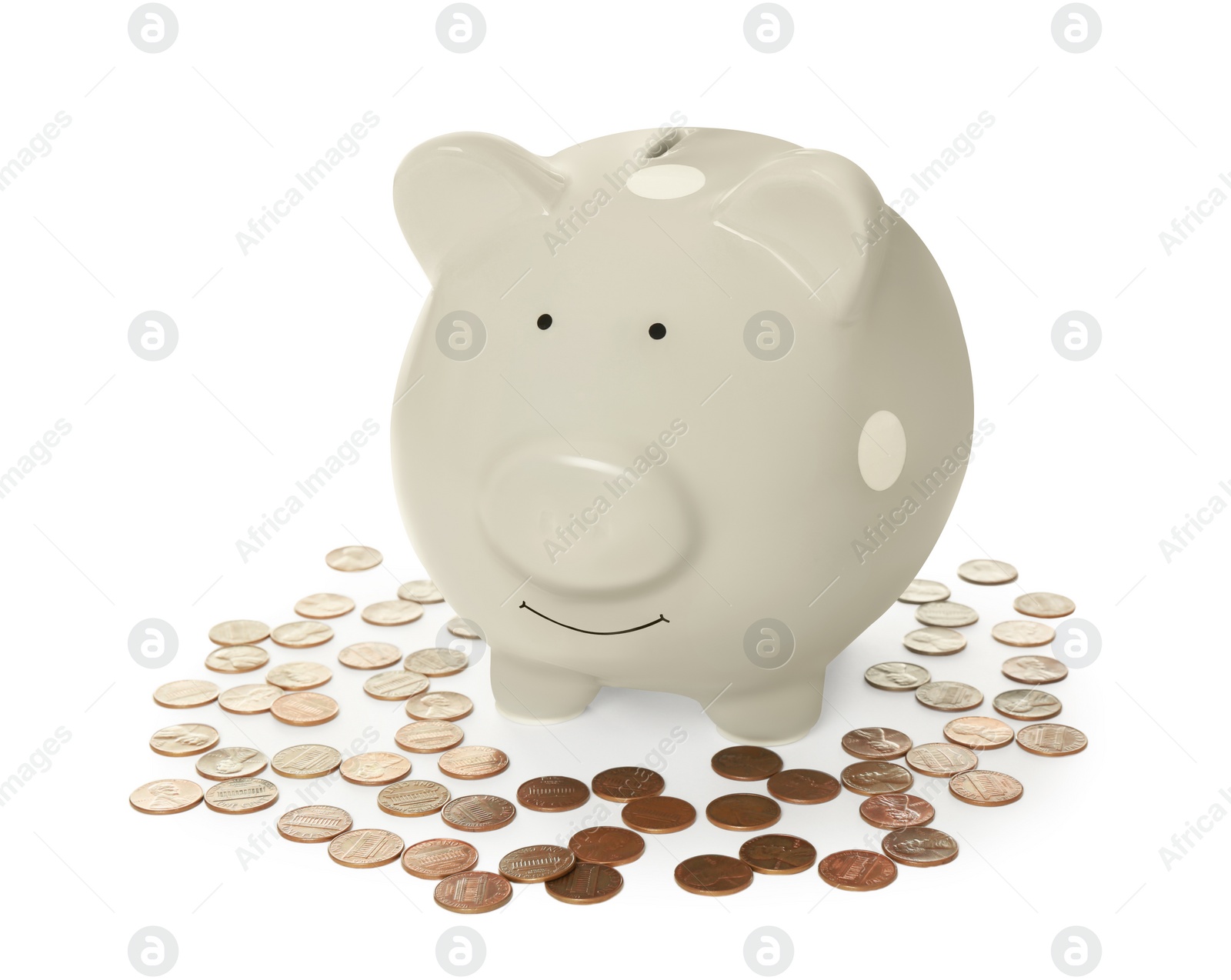 Photo of Piggy bank and coins on white background