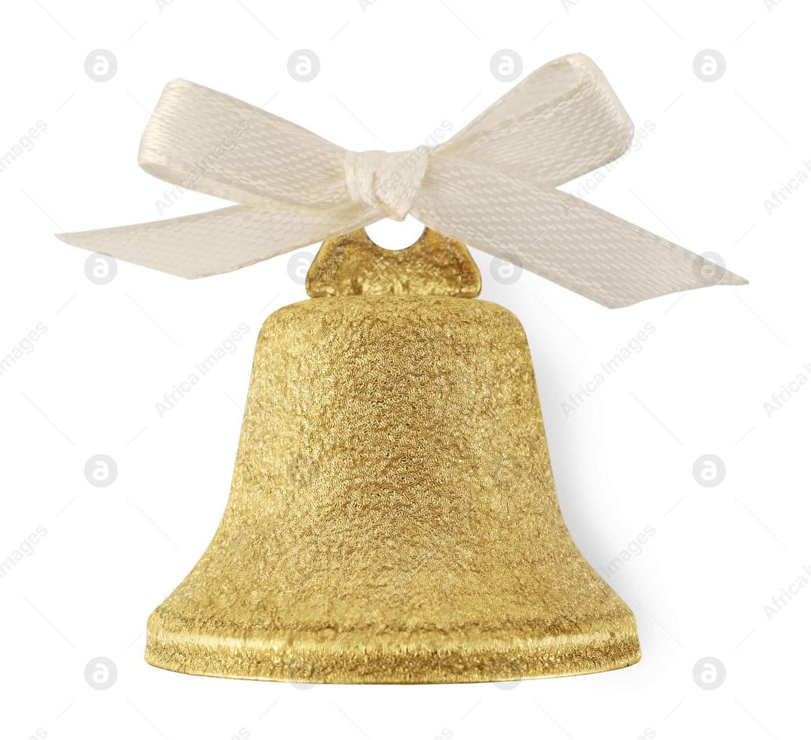 Photo of Golden shiny bell with bow isolated on white. Christmas decoration