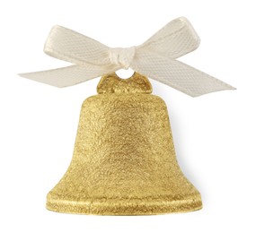 Photo of Golden shiny bell with bow isolated on white. Christmas decoration